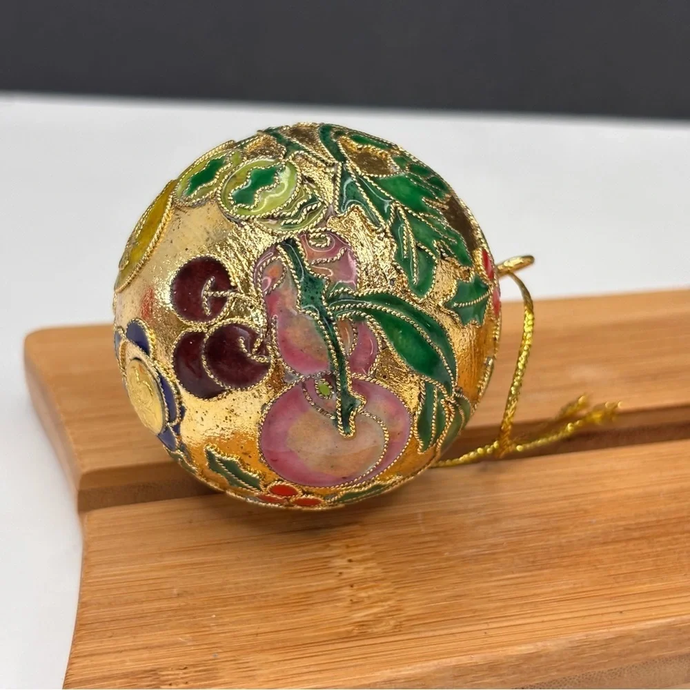 Vintage GANZ Cloisonné Metal Enamel Gold Christmas Ornament Floral Fruit 2 In